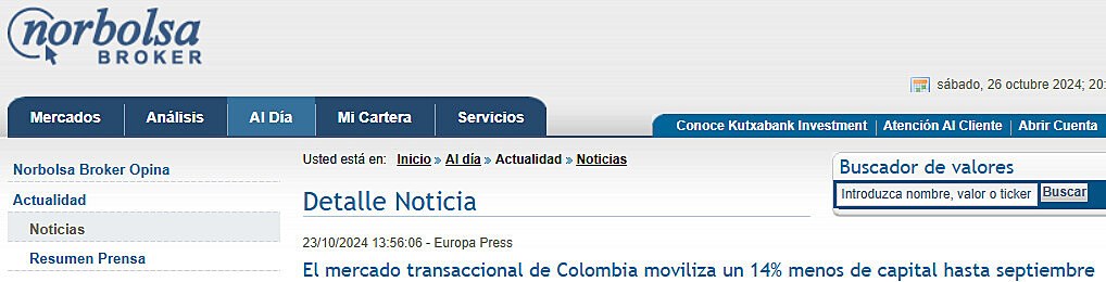 El mercado transaccional de Colombia moviliza un 14% menos de capital hasta septiembre